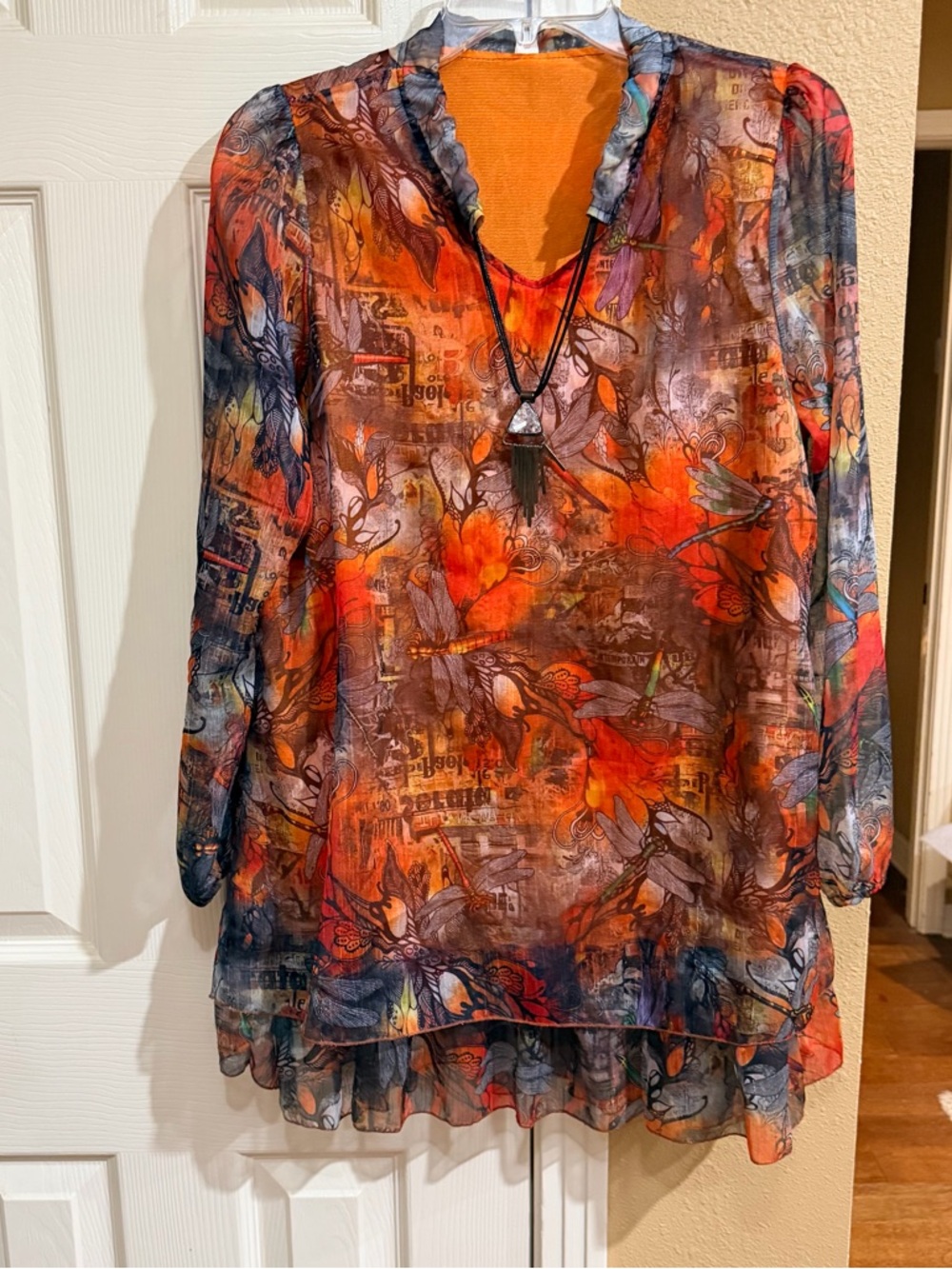 Women's Orange Floral semi Sheer lined V-Neck Long Sleeve Top